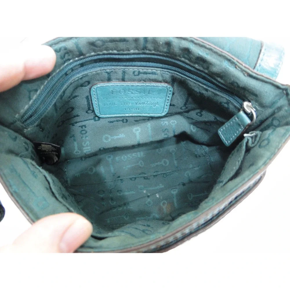 Fossil‎ Long Live Vintage 1954 Teal Leather Crossbody Bag Turnlock Small